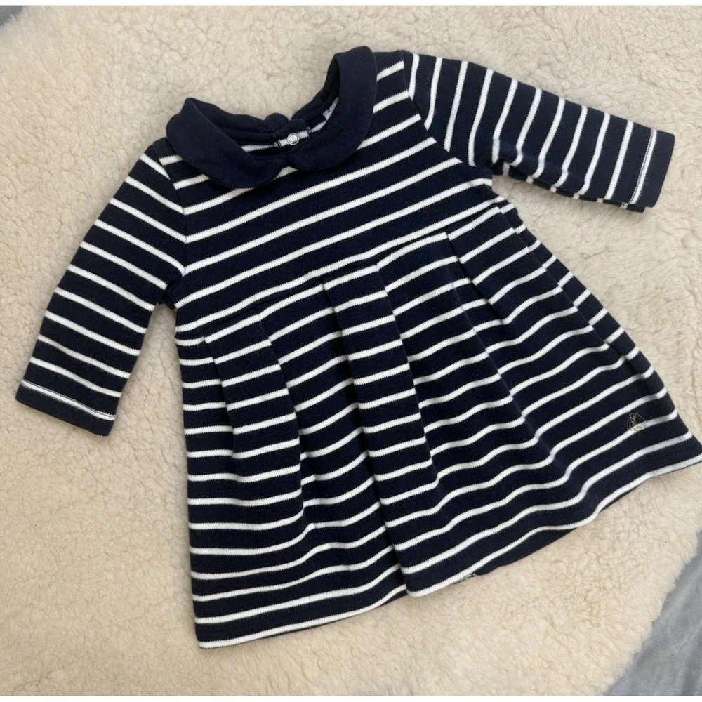 Petit Bateau Baby Girl Dress 3M Navy Stripe Peter Pan Collar Nautical Coastal